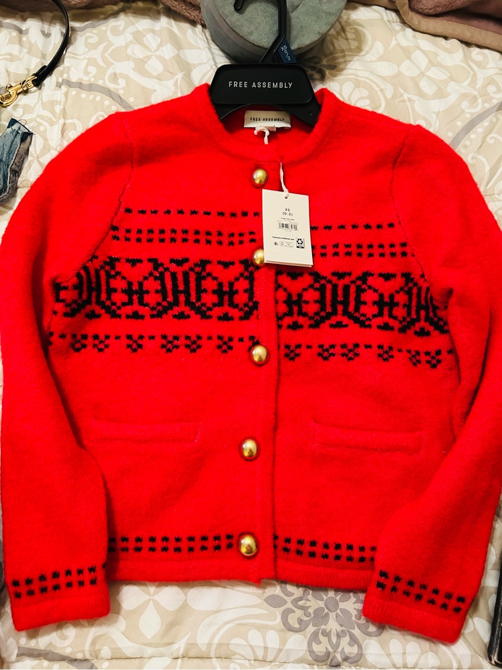Free Assembly Women's Red Patterned Wool-Blend Button Jacket